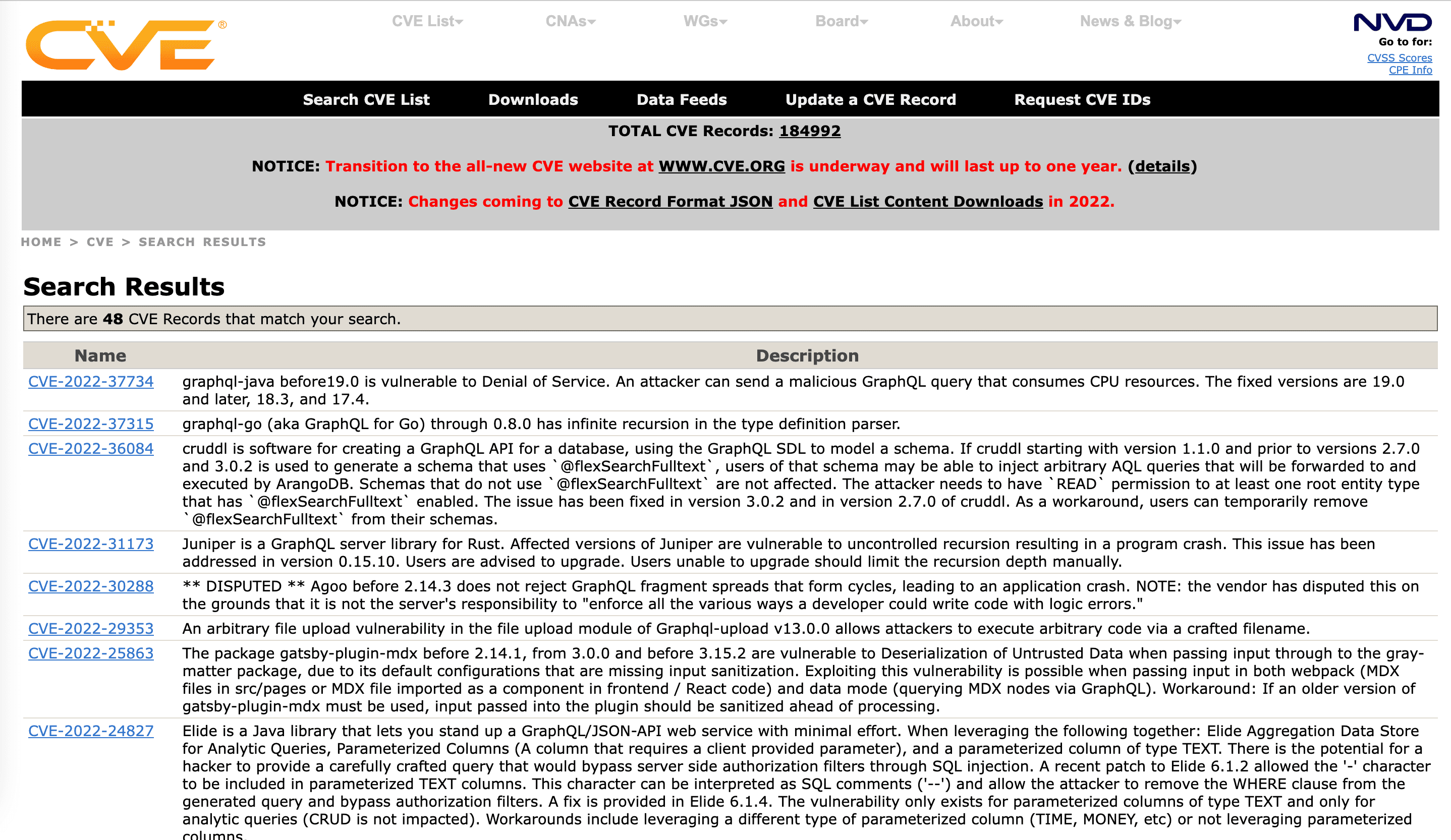 Public GraphQL Vulnerability CVE list.png
